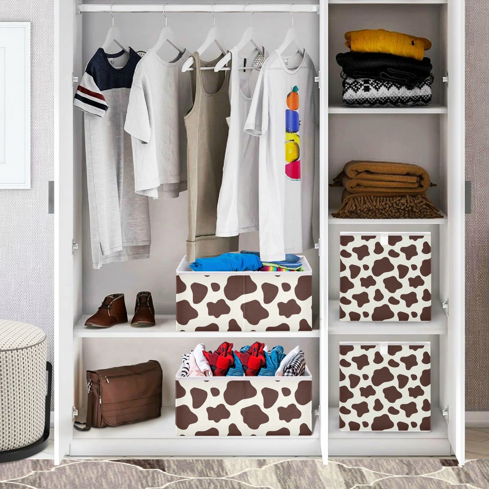 Brown & White Cow Print Collapsible Storage Basket - Square Fabric Bin Organizer for Nursery, Kids Room, Toys & Clothes | Foldable Shelving Solution for Home Organization