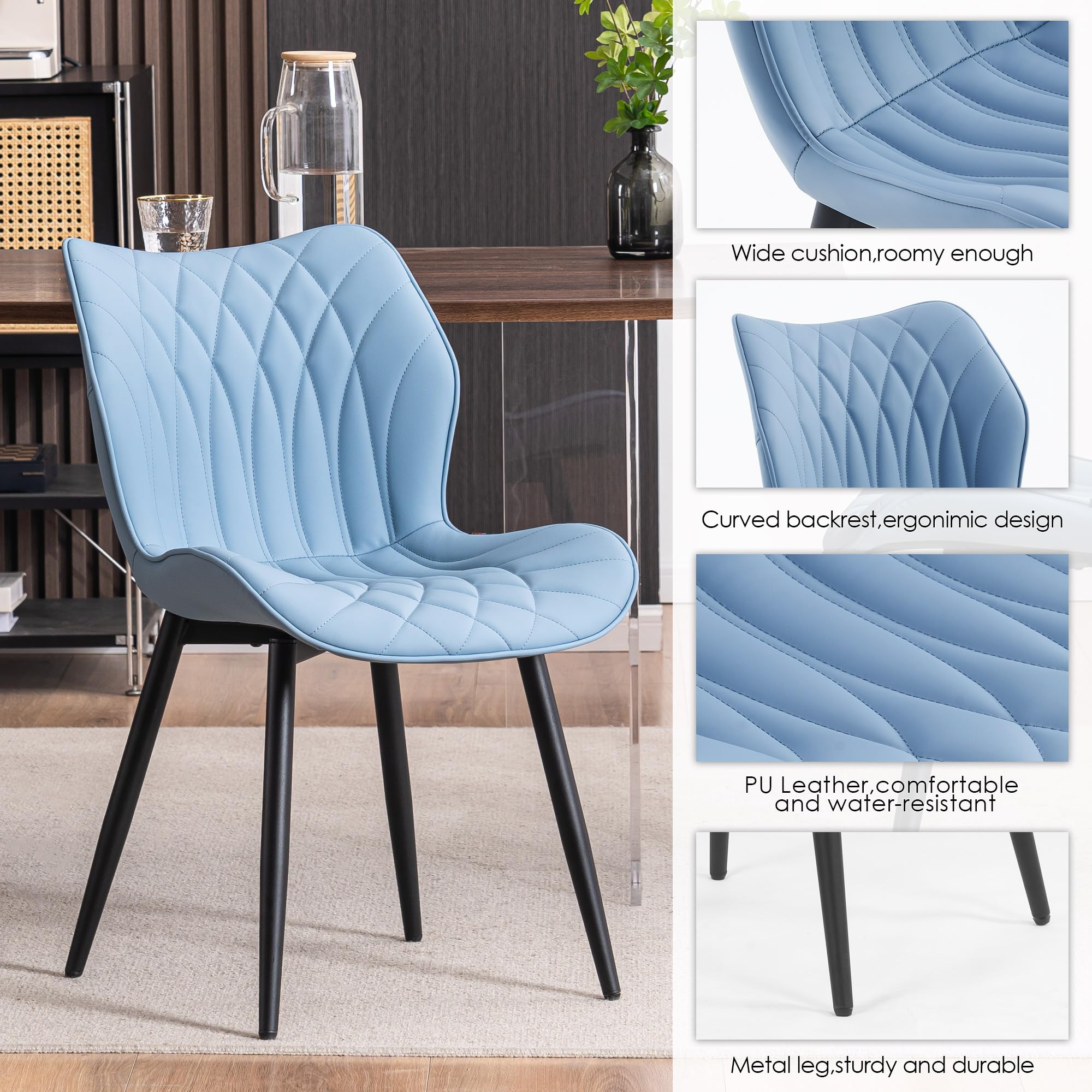 Kidol & Shellder Modern Dining Chairs Set of 2 - PU Leather Upholstered Kitchen Side Chairs with Thick Cushions & Sturdy Metal Legs in Blue - Perfect for Dining Room, Kitchen Island, and Breakfast Nook