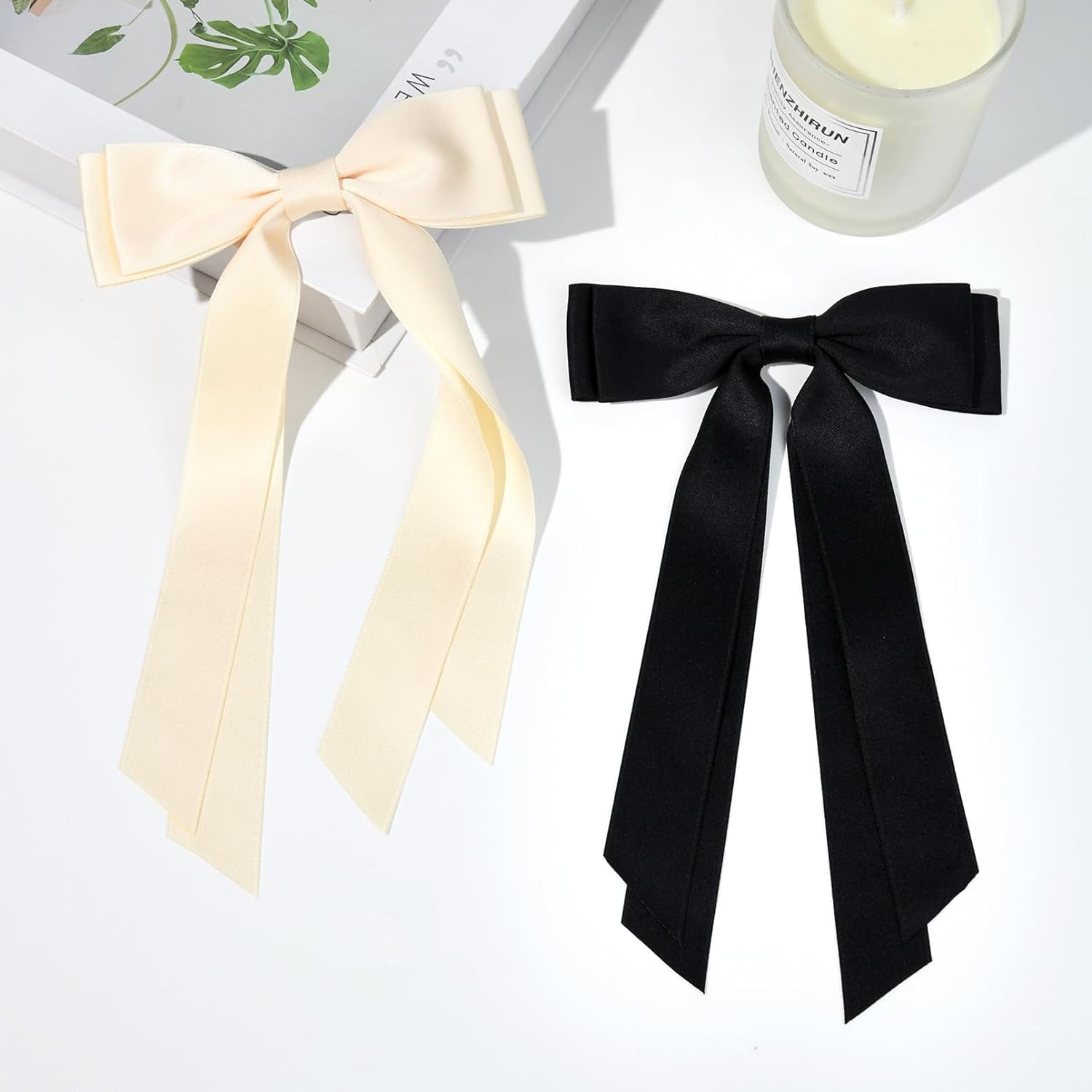 FAMEZA 2 Pack Satin Hair Bows for Women - Long Tail Ribbon Hair Clips, Elegant Red & Black Hair Accessories for Women & Girls | Perfect for Weddings, Parties & Daily Styling | BLACK & WHITE COLOR