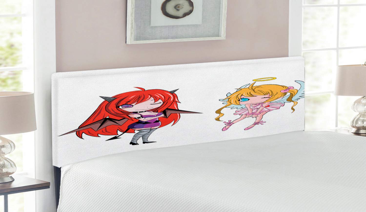 Ambesonne Anime Headboard - Angel Wings & Demon Girl Horns Japanese Manga Art Print Upholstered Metal Bed Frame with Memory Foam | Queen Size White Decorative Headboard for Bedroom, Gaming Room & Anime Lover's Space