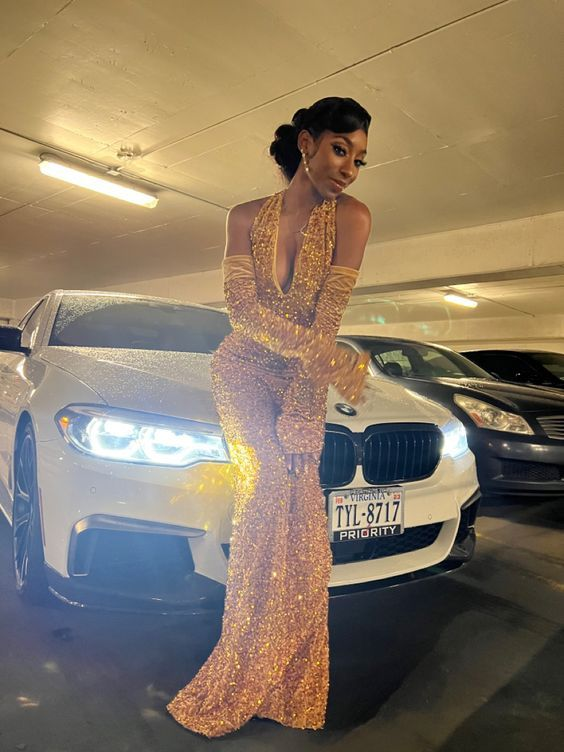 Elegant Deep V Neck Gold Sequins Mermaid Prom Dress J2697 - Perfect for Homecoming, Evening Gala & Special Occasions