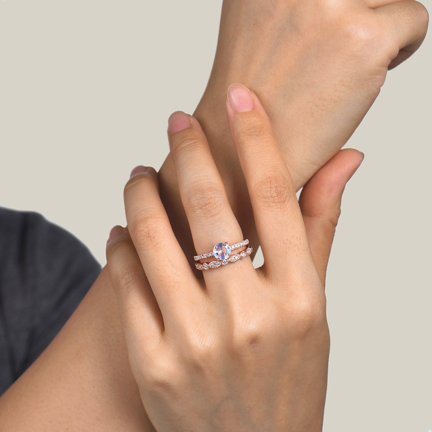 Vintage Rainbow Moonstone Diamond Rose Gold Engagement Ring Set - 2 Piece Bridal Jewelry for Wedding, Proposal & Anniversary Gifts