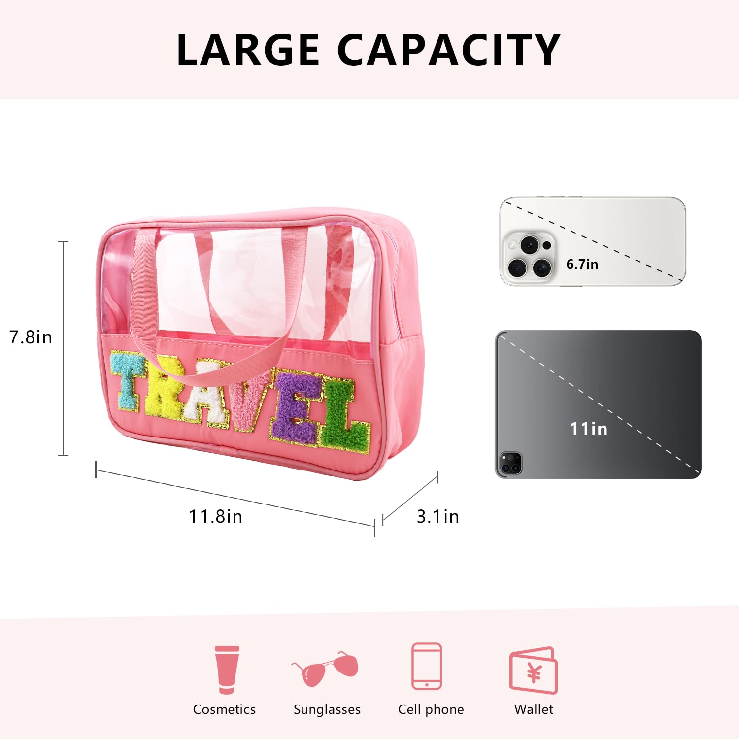 Preppy Pink Letter Patch Clear Makeup Bag - Waterproof Travel Toiletry & Cosmetic Organizer with Handle for Women & Girls - Perfect for Beach, Gym, School & Travel Storage - Large Snacks & Essentials Pouch