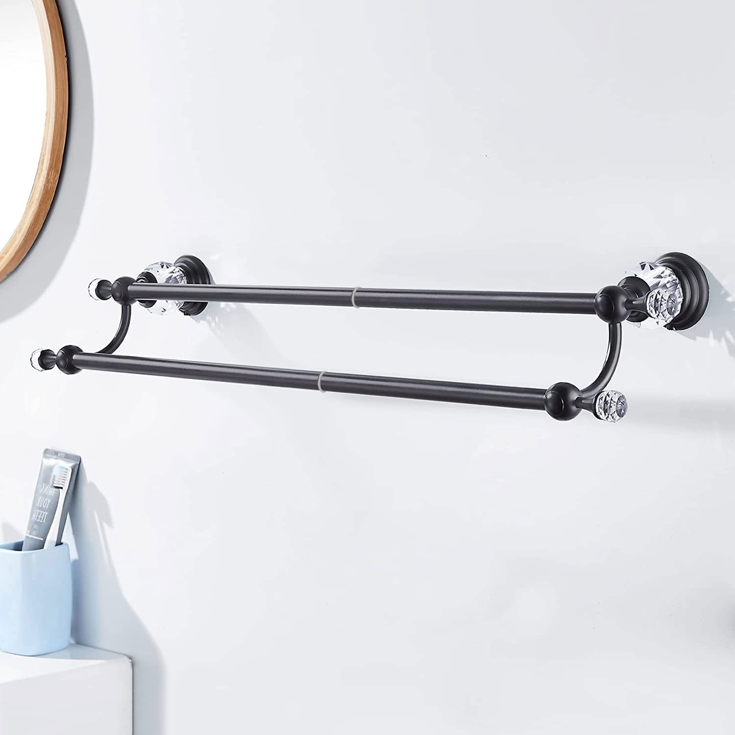 WINCASE Adjustable Double Matte Black Towel Rack - Wall Mounted Bathroom Towel Holder & Hanger for Showers, Baths & Spa Decor (Crystal Design)