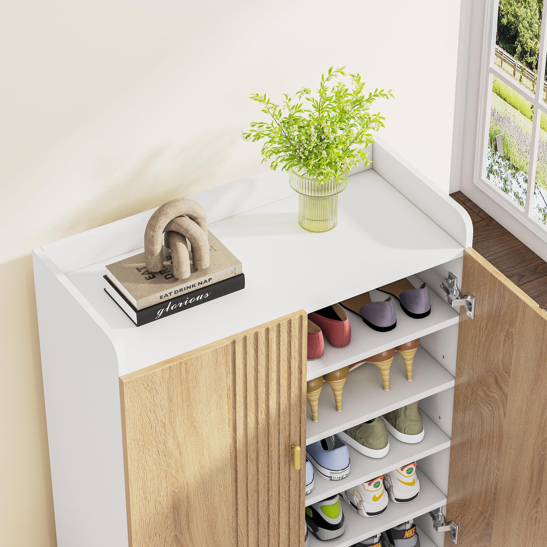 Tribesigns 6-Tier Shoe Storage Cabinet - Adjustable Shelves Freestanding Wooden Shoe Organizer with Doors for Entryway, Hallway, Living Room (White & Wood) - Perfect for Small Spaces, Apartment Entry Storage & Closet Organization
