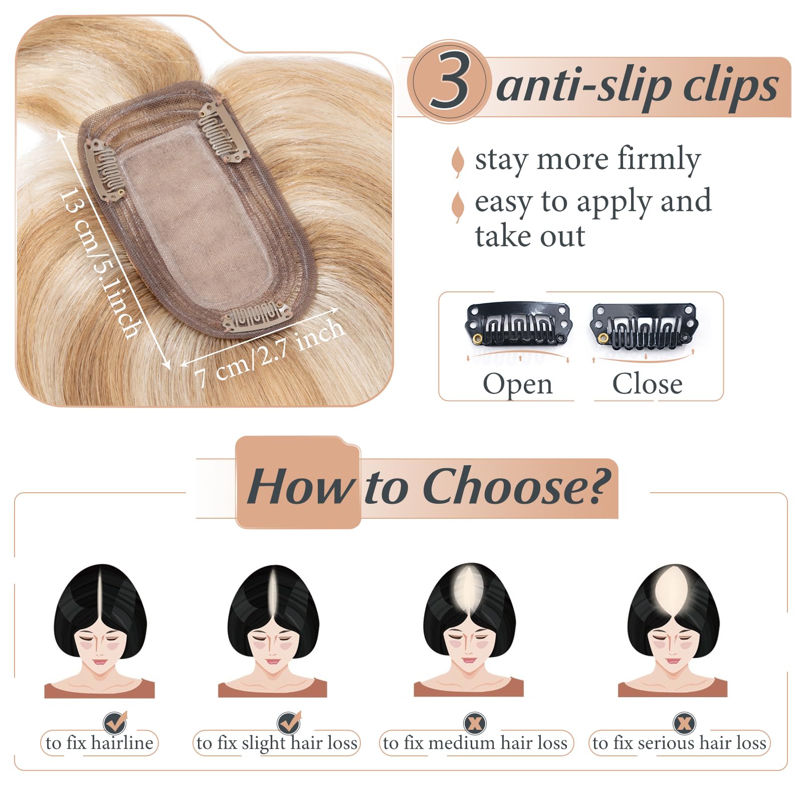 Benehair Clip-in Human Hair Toppers with Bangs - 12 Inch Straight Hairpieces for Thinning Hair & Gray Coverage - Golden Brown & Bleach Blonde #12P613 - Perfect for Daily Wear, Parties & Special Occasions
