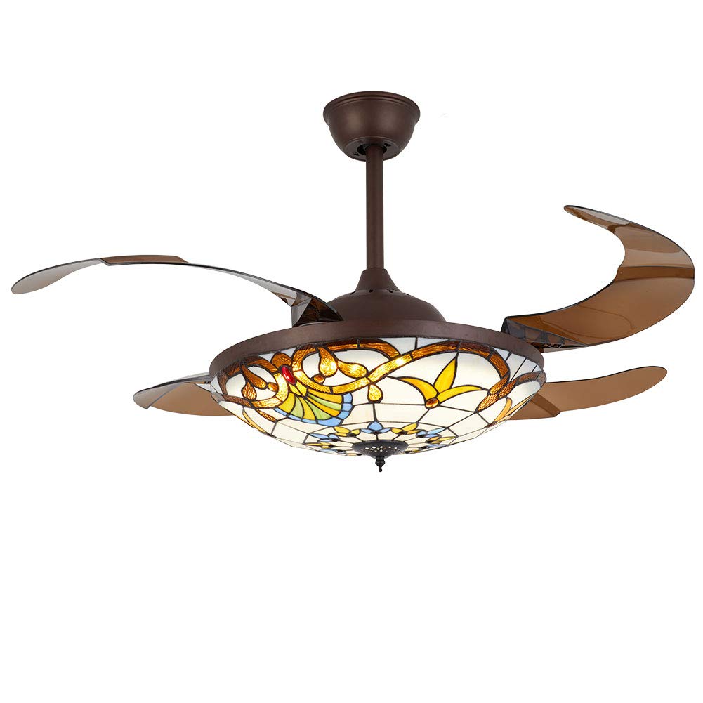 42 Inch Tiffany Style Ceiling Fan with LED Light and Remote Control - 3 Speed Adjustable, Retractable Blades - Perfect for Living Room, Bedroom, and Dining Room