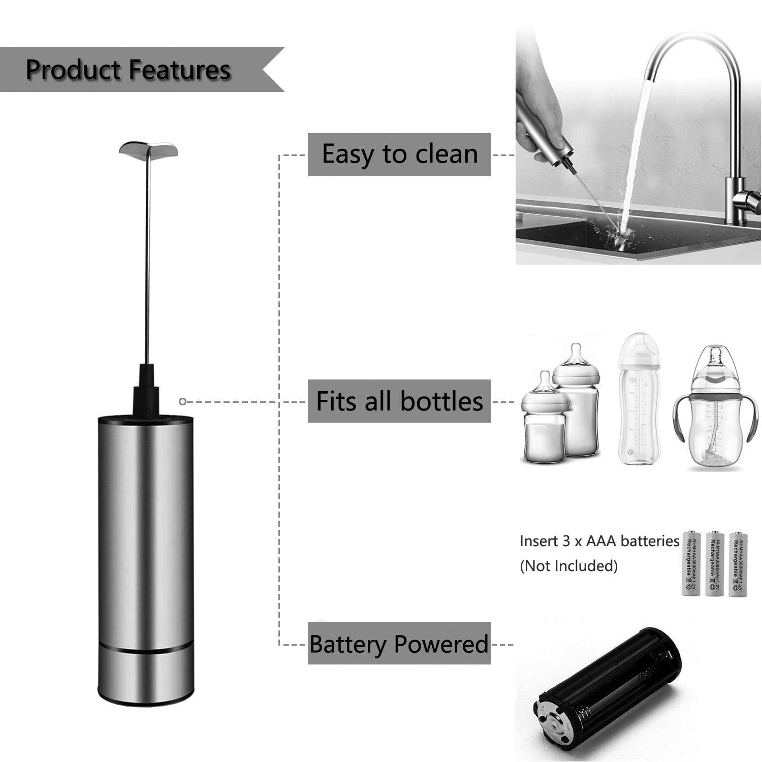 Handheld Electric Mixer - Battery Operated Mini Formula Blender for Instant Beverages, Milk Powder & Baby Formula - Perfect for Kitchen, Travel & Baby Feeding
