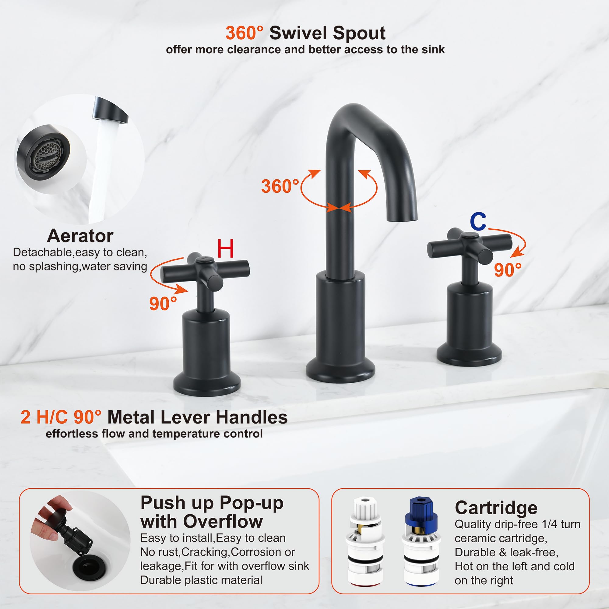 8 Inch Matte Black Two-Handle Widespread Bathroom Sink Faucet with Push-Up Pop-Up Drain - DF-1309CCH-MT | Perfect for Modern Bathroom Vanities & Powder Rooms