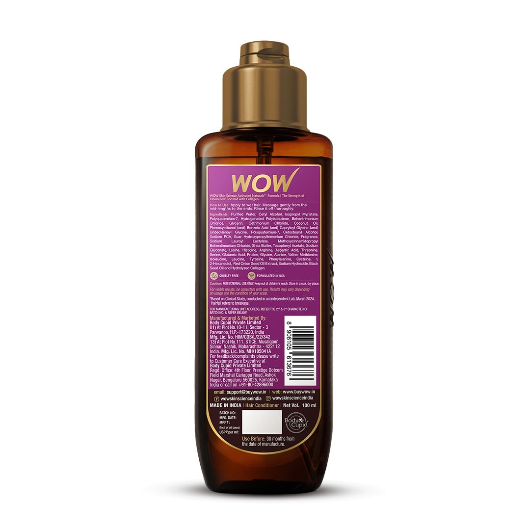 WOW Skin Science Onion Conditioner with Red Onion Seed Oil, Black Seed Oil & Pro-Vitamin B5 - Paraben-Free, Silicone-Free, Color-Free Hair Treatment (100mL) - Promotes Hair Growth & Reduces Hair Fall for Damaged & Dry Hair