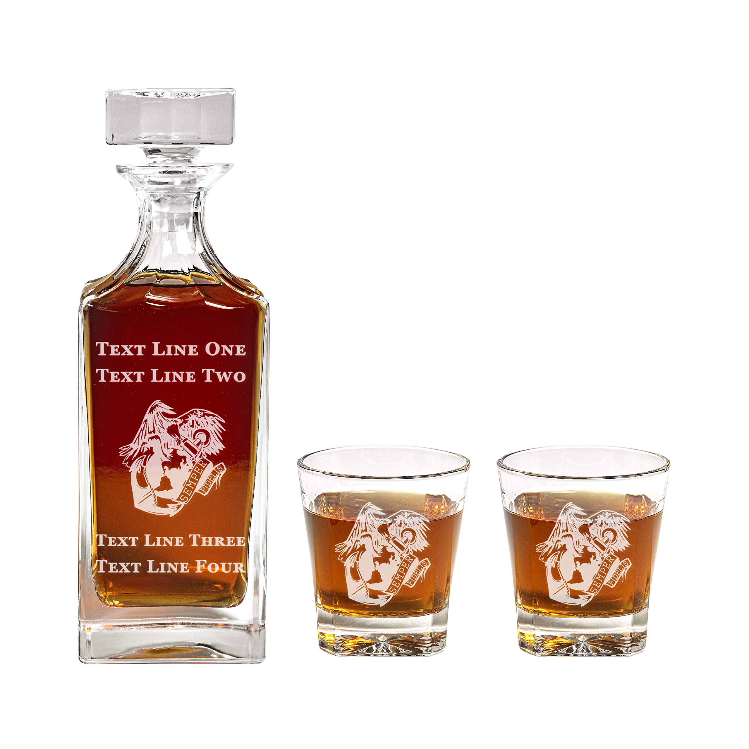 USMC Semper Fidelis Decanter Set - 900ml Engraved Glass Decanter with US Marine Corps Logo - Military Retirement Gift, Promotion Present for Men & Women - Perfect for Whiskey, Bourbon & Wine Lovers - Elegant Home Bar & Office Decor