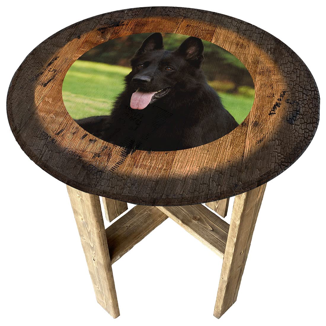 Rustic Round Whiskey Barrel End Table - Farmhouse Style Black Dog Decor for Living Room, Bedroom & Patio - Unique Pet Lover Gift Idea