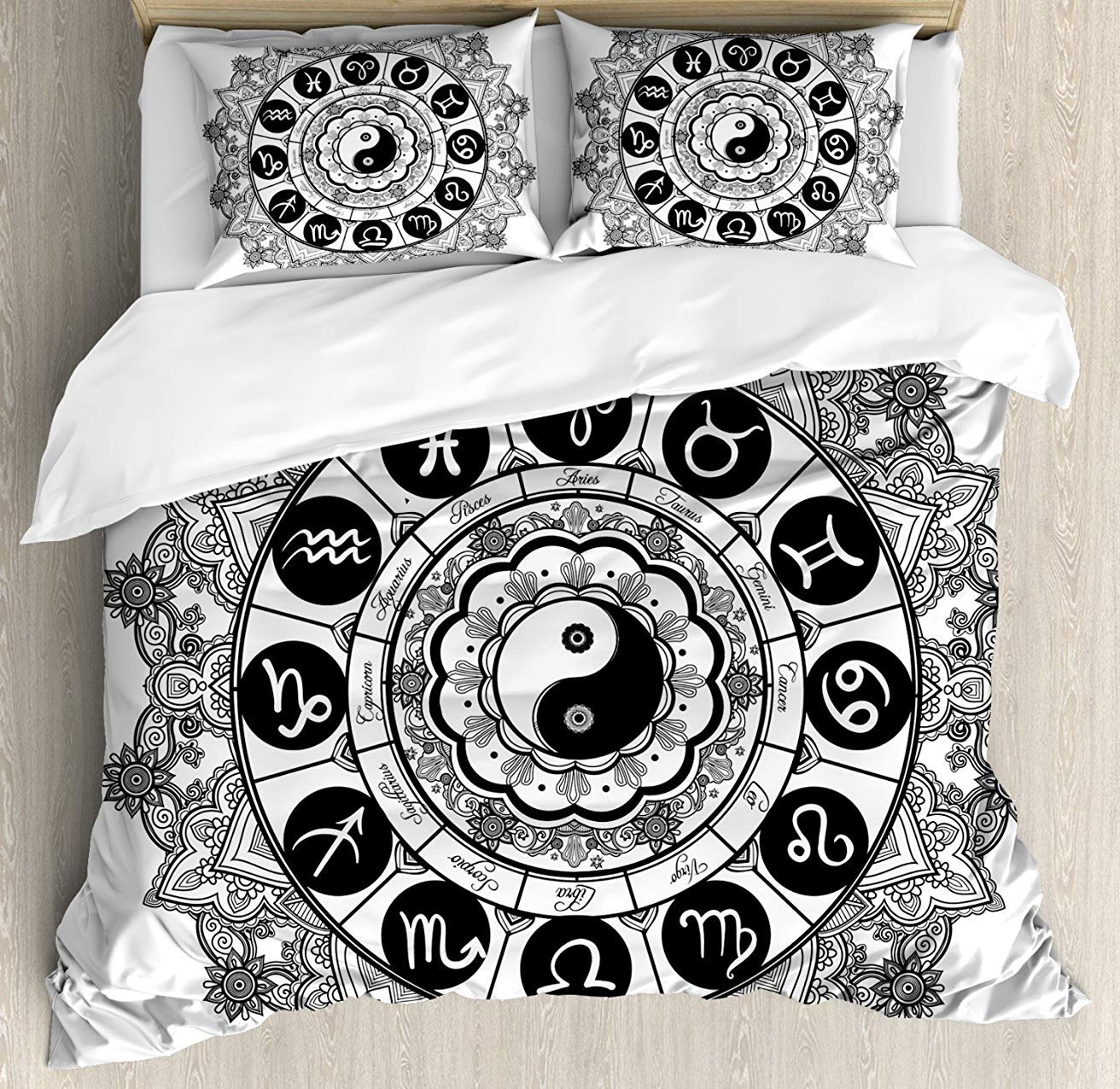 Yin Yang Twin Bedding Set - 3 Piece Comforter Duvet Cover with 2 Decorative Pillowcases - Round Zodiac Theme Design for Kids, Teens & Adults - Perfect for Bedroom Decor, Feng Shui Harmony & Spiritual Retreats
