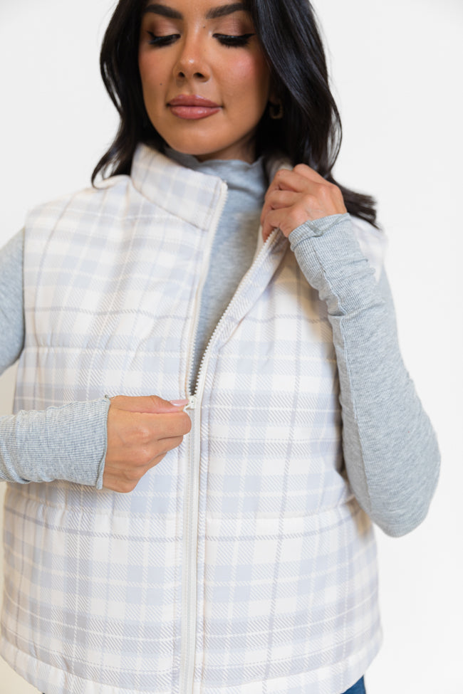 Beige Plaid Puffer Vest for Women - Cozy Winter Fashion Outerwear | Perfect for Outdoor Activities, Casual Wear & Layering