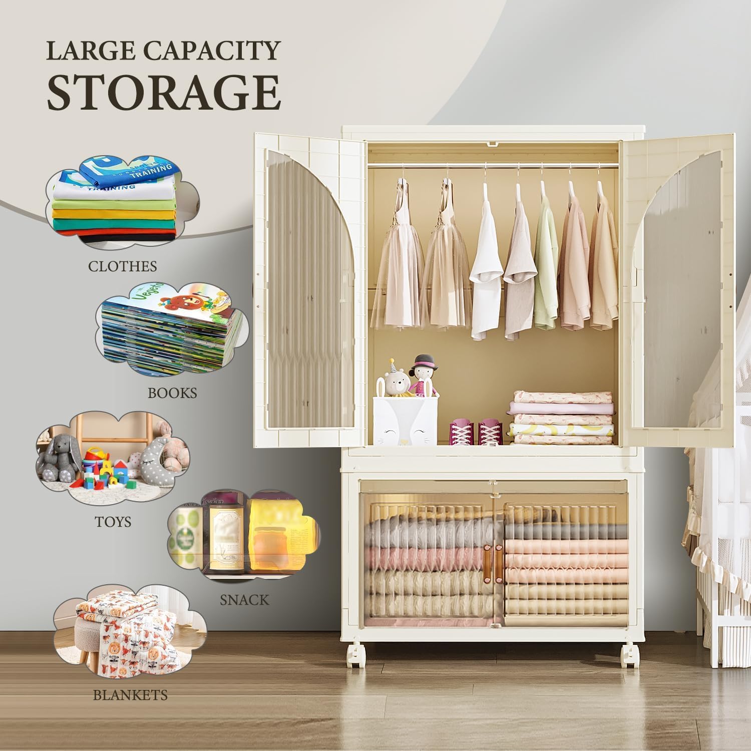 Portable Kids Closet - Collapsible Plastic Wardrobe with Magnetic Doors & Hanging Rod | Easy Assembly Toddler Dresser for Nursery, Bedroom | White Baby Clothes Storage Organizer | Perfect for Small Spaces, Apartments & Daycare Centers