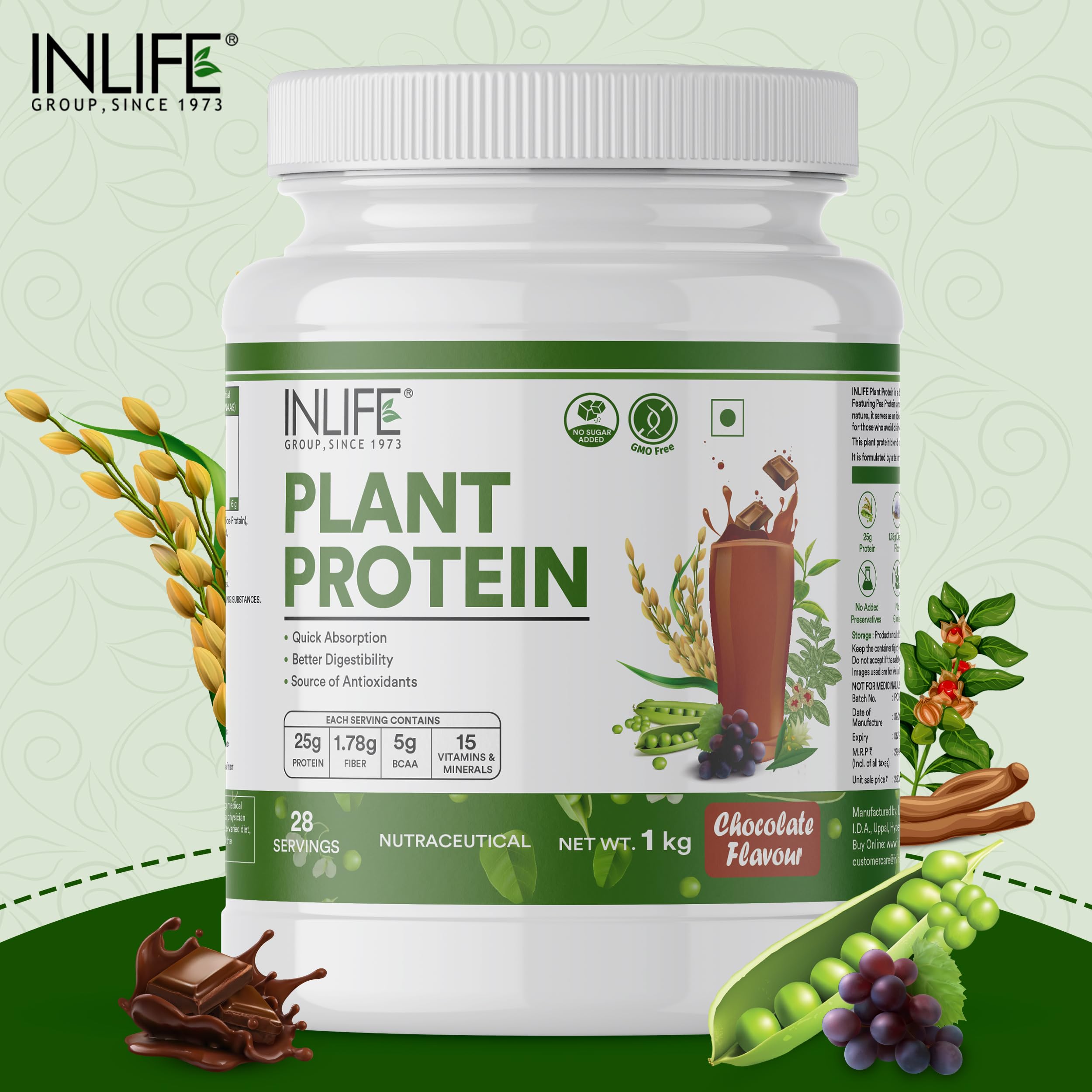 INLIFE Plant Protein Powder with Pea, Quinoa & Brown Rice - 25g Protein per Serving - Vegan Bodybuilding Supplement with Ashwagandha, Green Tea & Grape Seed Extract - Chocolate Flavor (1 kg) - Ideal for Post-Workout Recovery, Muscle Growth & Healthy Digestion
