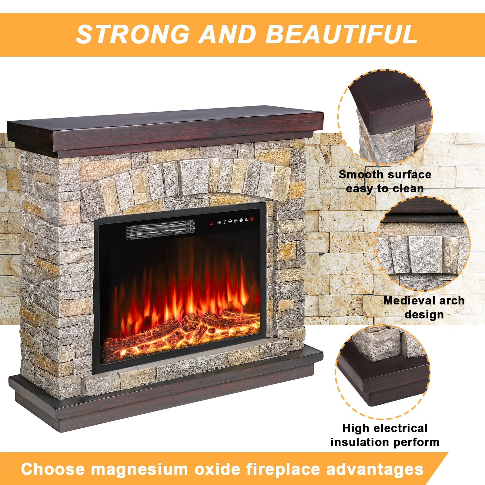 BOSSIN 36 Inch Electric Fireplace with Mantel - 23 Inch Insert, Freestanding TV Stand Heater with Remote Control & Timer, Realistic LED Flame - Faux Stone Gray - Perfect for Living Room, Bedroom & Office Warming