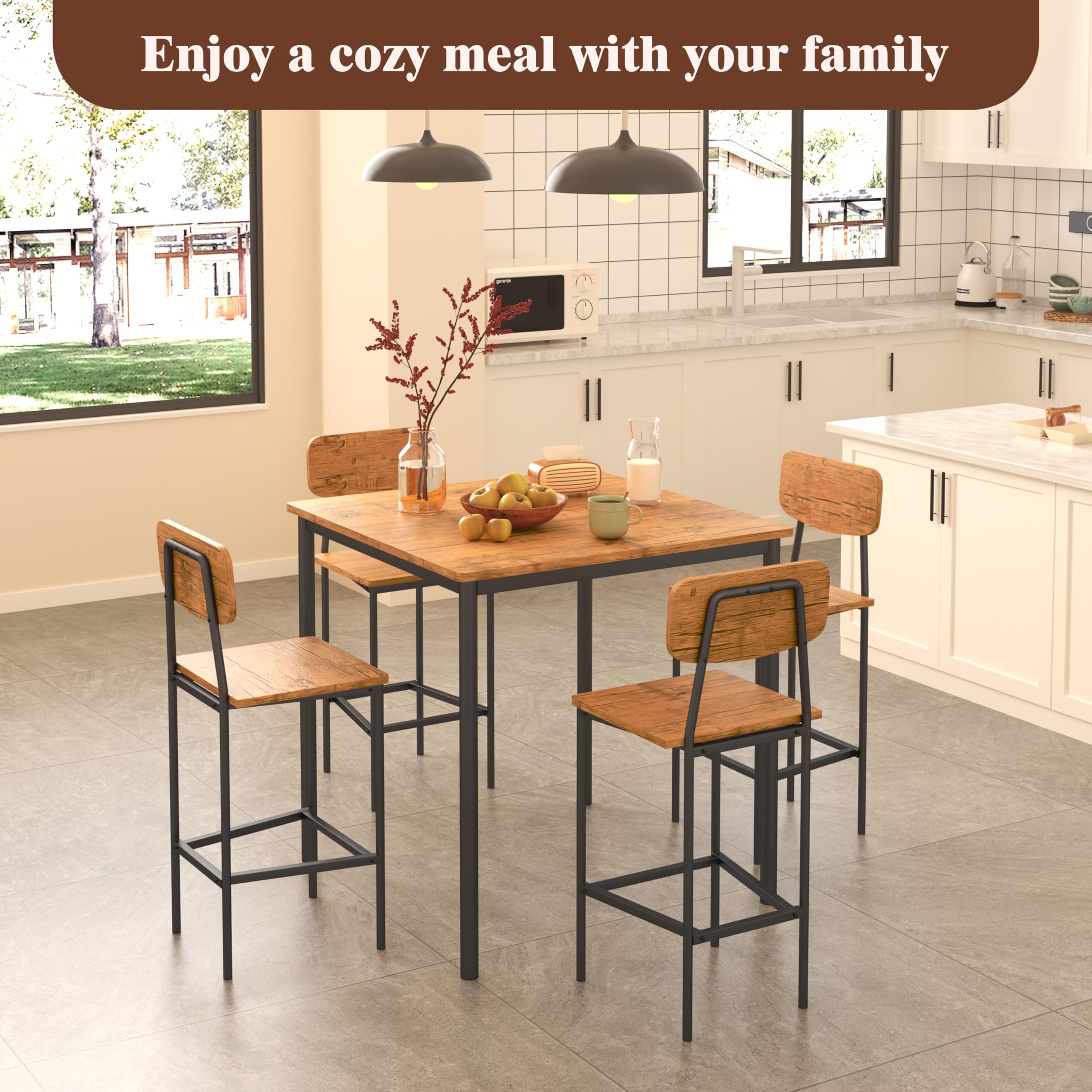 4-Piece Industrial Dining Table and Chairs Set - Space-Saving Brown Kitchen Furniture for Family Dinners & Entertaining | Perfect for Small Spaces, Apartments, and Modern Farmhouse Decor