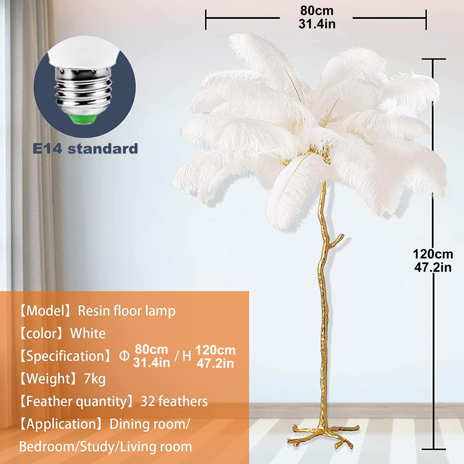 Natural Ostrich Feather Floor Lamp - Modern LED Dimmable Standing Lamp for Bedroom, Living Room & Office | 47-inch White Tall Corner Lamp for Romantic Reading & Ambient Lighting | Perfect for Princess Bedroom Decor & Dining Room Accent