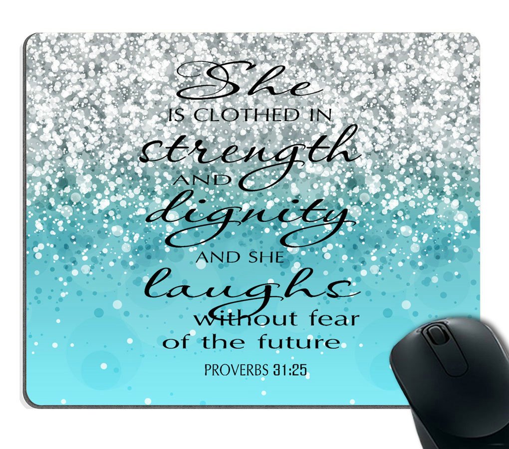 Proverbs 31:25 Bible Verse Mouse Pad with Blue Sparkles Glitter Design - Non-Slip Desk Accessory for Office, Gaming & Bible Study