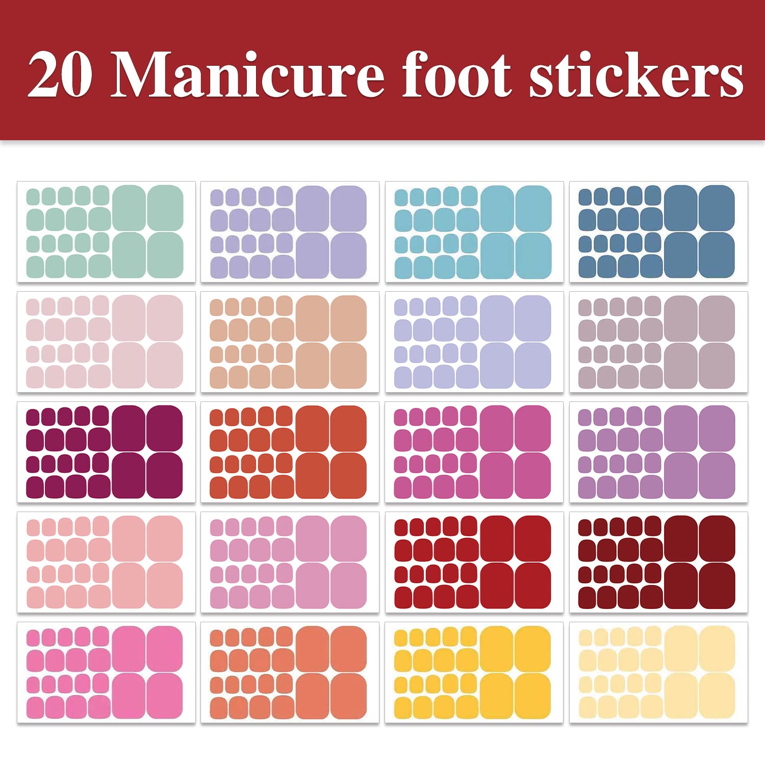 WOKOTO 20 Sheets 440 Pcs Solid Color Toe Nail Stickers - Full Cover Self-Adhesive Nail Wraps & Decals for Women & Girls - Includes Nail File - Perfect for DIY Manicures, Pedicures & Nail Art Designs