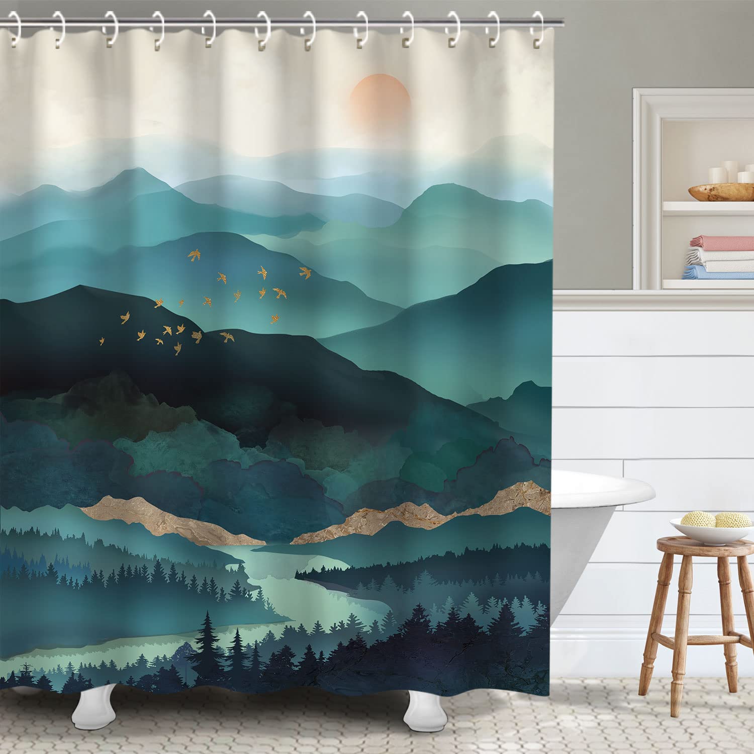 RosieLily Teal Watercolor Forest Shower Curtain - 72x72 Inch Misty Mountain Sunset Bathroom Decor with Hooks | Nature Inspired Bathroom Aesthetic for Modern & Rustic Homes