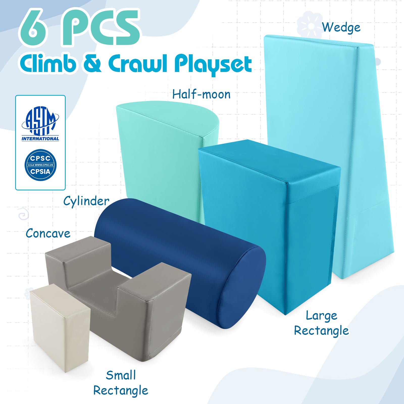 KOTEK 6-Piece Soft Foam Play Set for Toddlers - Climbing Blocks, Crawling Tunnels & Slide - Safe Indoor Playground Equipment for Babies & Kids (Blue & Grey) - Perfect for Playrooms, Daycares & Home Fun