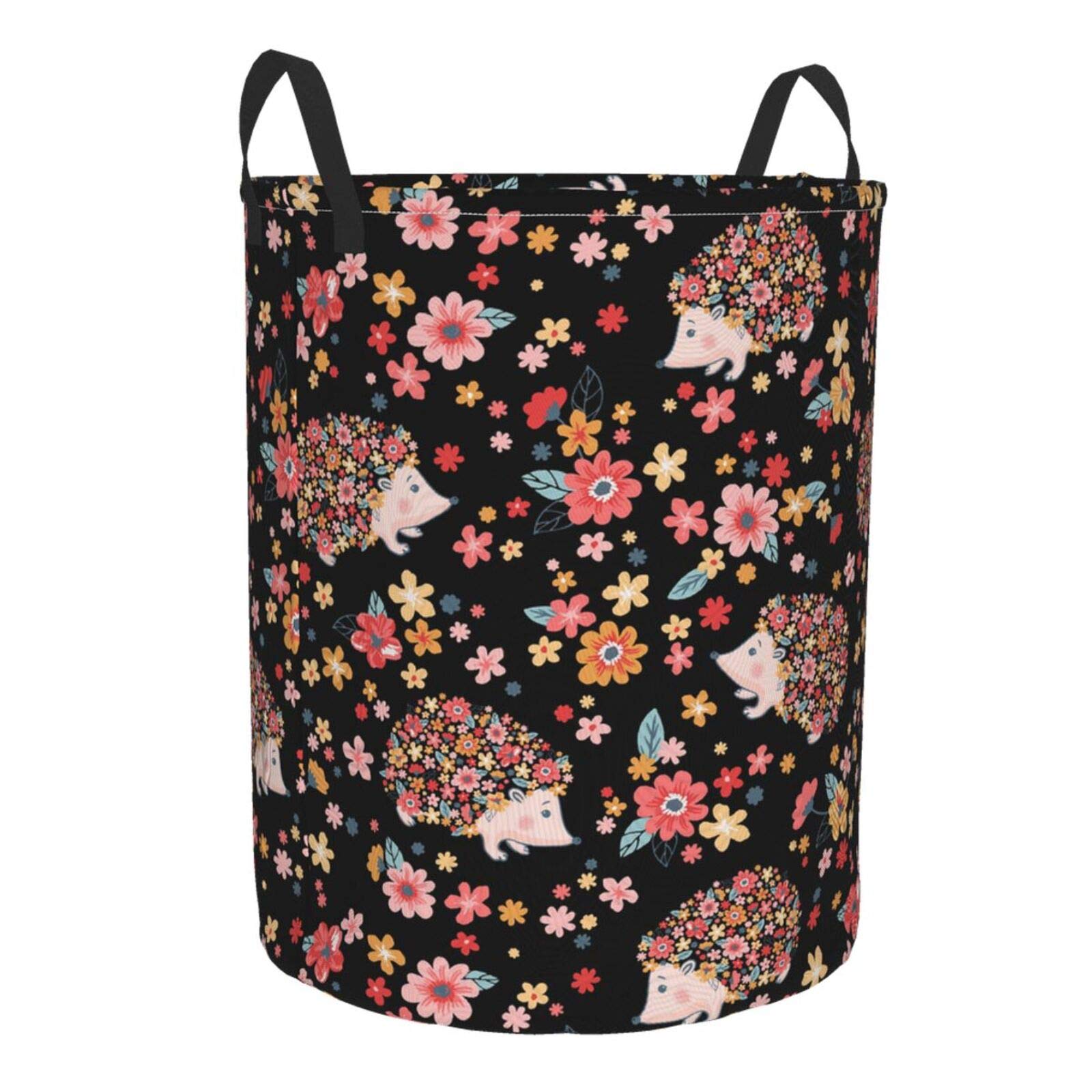 Stylish Black Collapsible Laundry Basket with Cute Hedgehog & Flower Design - Waterproof Fabric Hamper with Handles for Clothes, Toys Storage - Perfect for Bedroom, Bathroom & Kids Room Organization