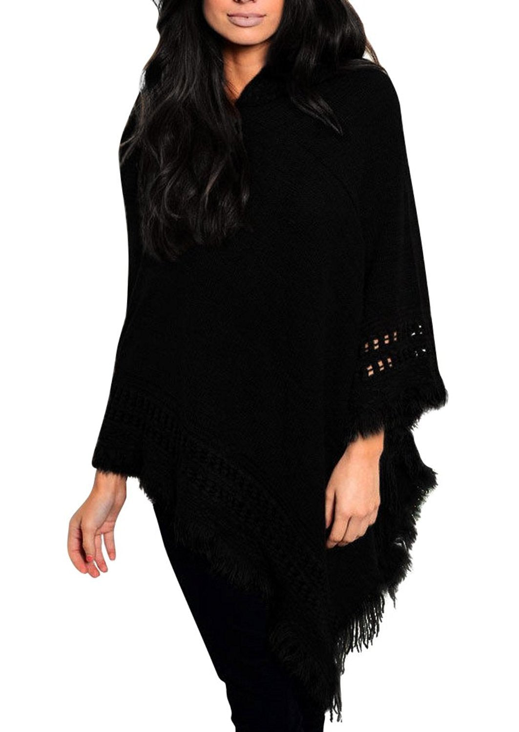 Cozy Women's Crochet Hooded Poncho Shawl with Fringe - Warm Winter Wrap for Outdoor Activities, Travel & Casual Wear