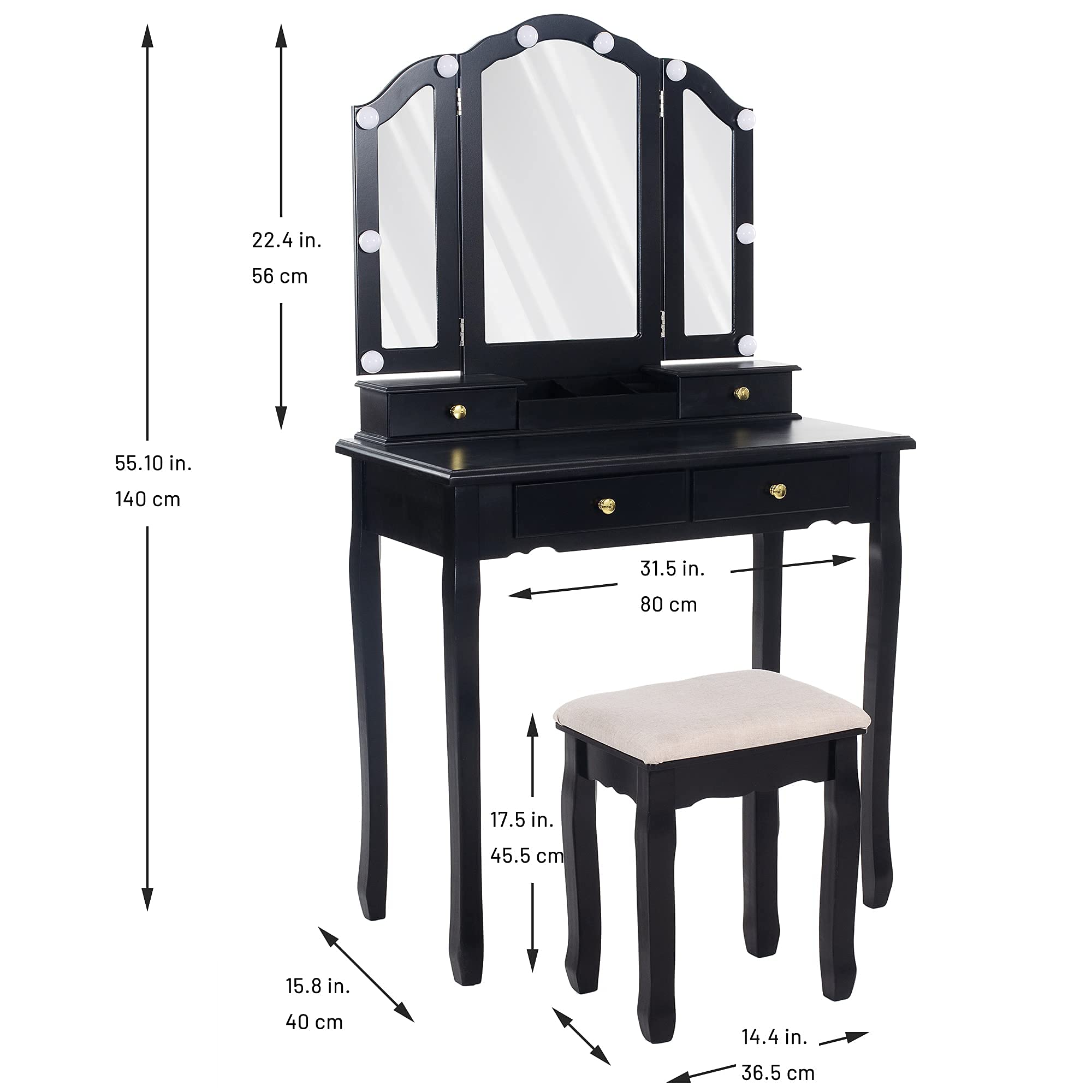 Vanity Table with LED Lighted Mirror, Makeup Vanity Set with Padded Stool & 4 Drawers - Tri-Fold Bedroom Vanity Desk with 2 Open Compartments, Black Finish - Perfect for Small Spaces, Home Makeup Studio & Dressing Room Organization