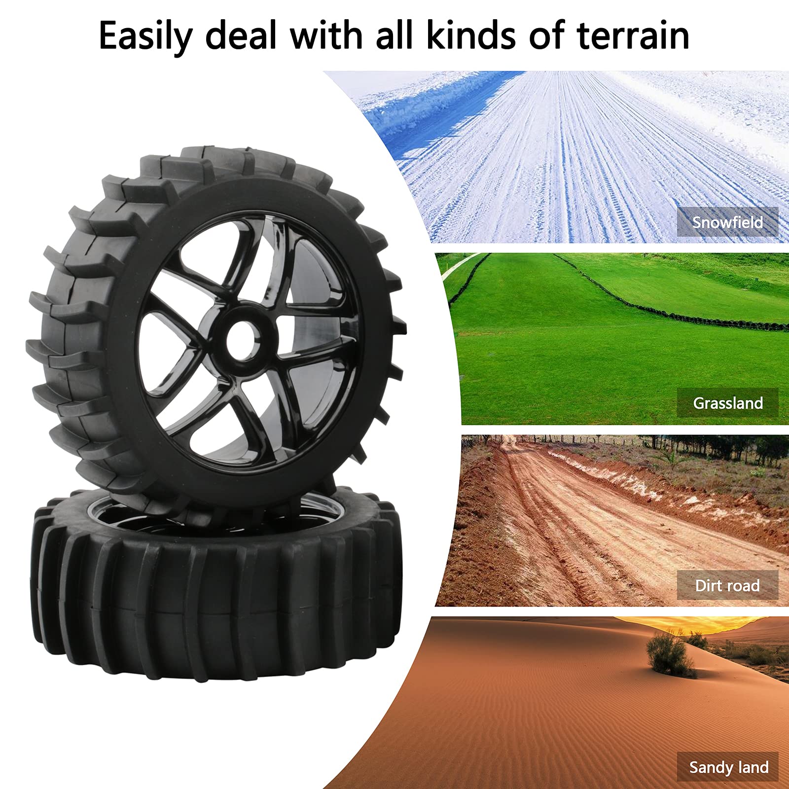1/8 Scale RC Off-Road Buggy Tires & Wheels Set - 4pcs 17mm Hex Tires with Hex Adapters, Nuts & Wrench for Sand, Snow, Rally & Short Course Terrain - Durable Black RC Car Tires for Hobbyists & Racers (Perfect for Bashing, Crawling & Competitive Racing)