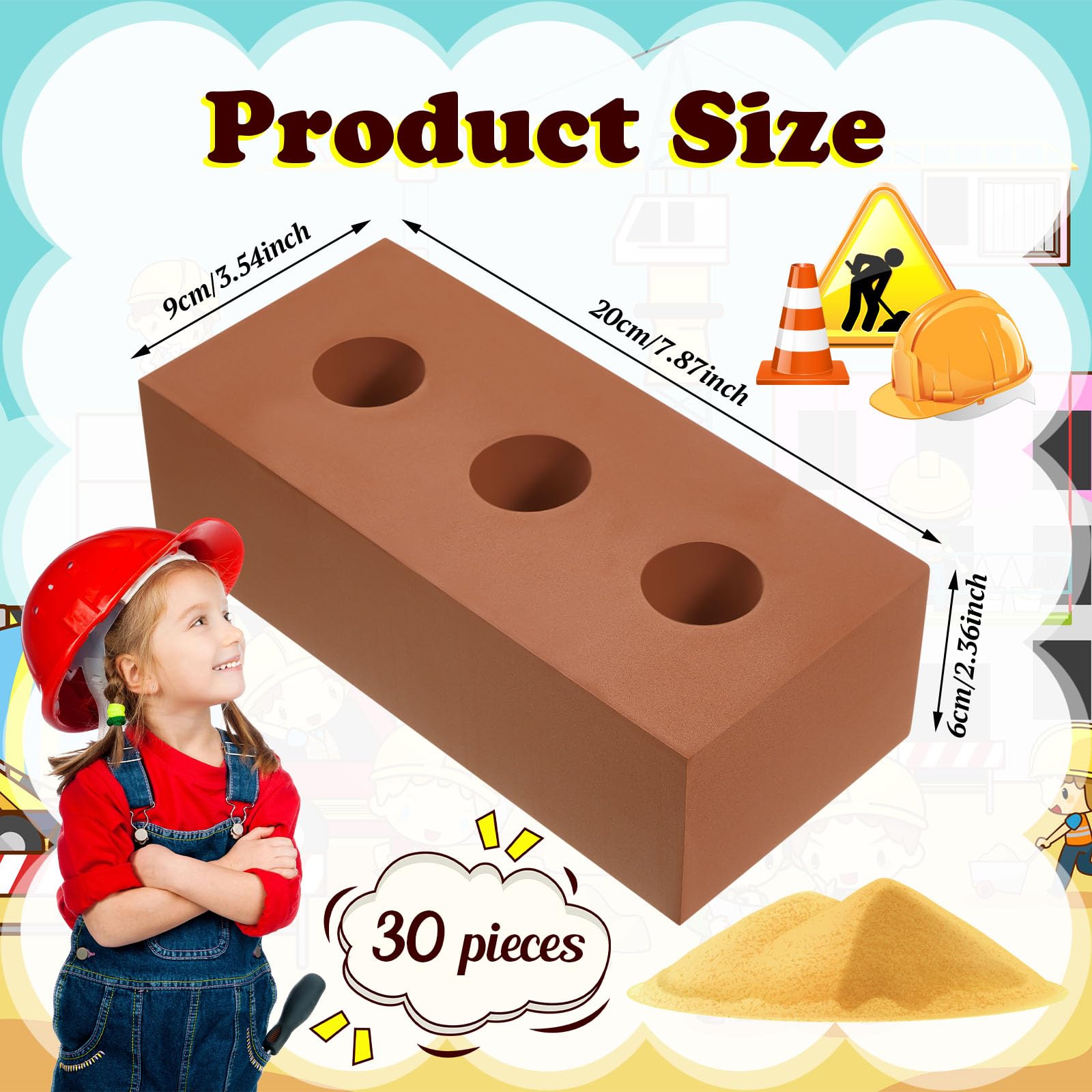 Deekin 30 Pcs Foam Brick Building Blocks for Kids - Large Thick Fake Bricks Construction Toy for Stacking, 8 x 4 x 2.4 Inches with Circle Holes - Perfect for Indoor/Outdoor Play, STEM Learning & Creative Building Activities