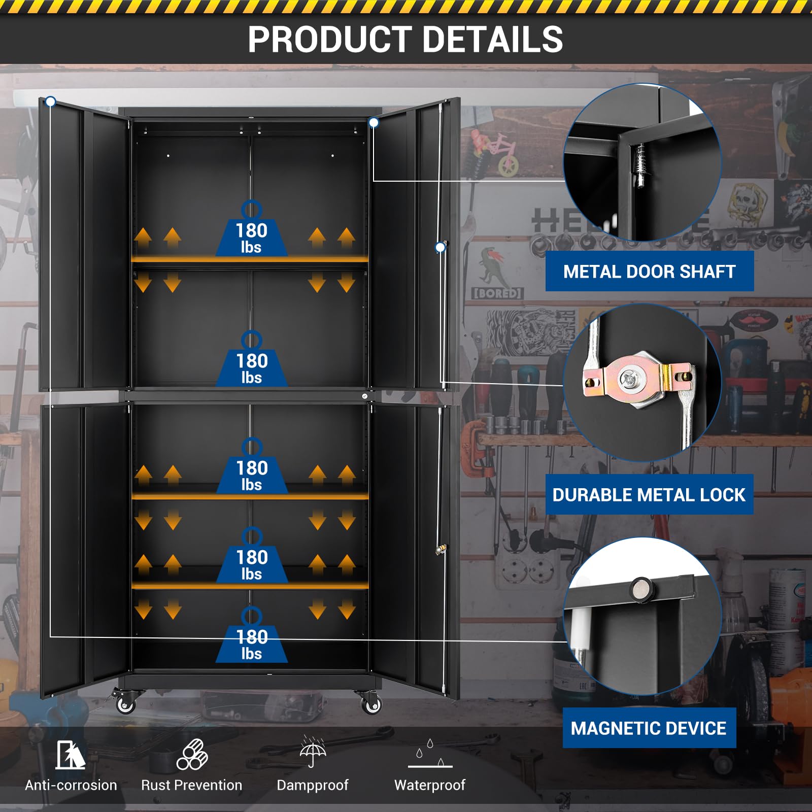 Heavy Duty Metal Storage Cabinet - Adjustable Shelves, Lockable Doors & Pegboard for Garage Tool Organization - Black | Perfect for Workshop, Garage & Home Storage