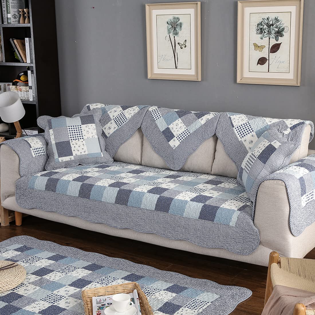 VCTOPS Floral Real Patchwork Boho Cotton Quilted Sofa Cover - Non-Slip Sectional Couch Slipcover for Dogs, Kids & Pets (28