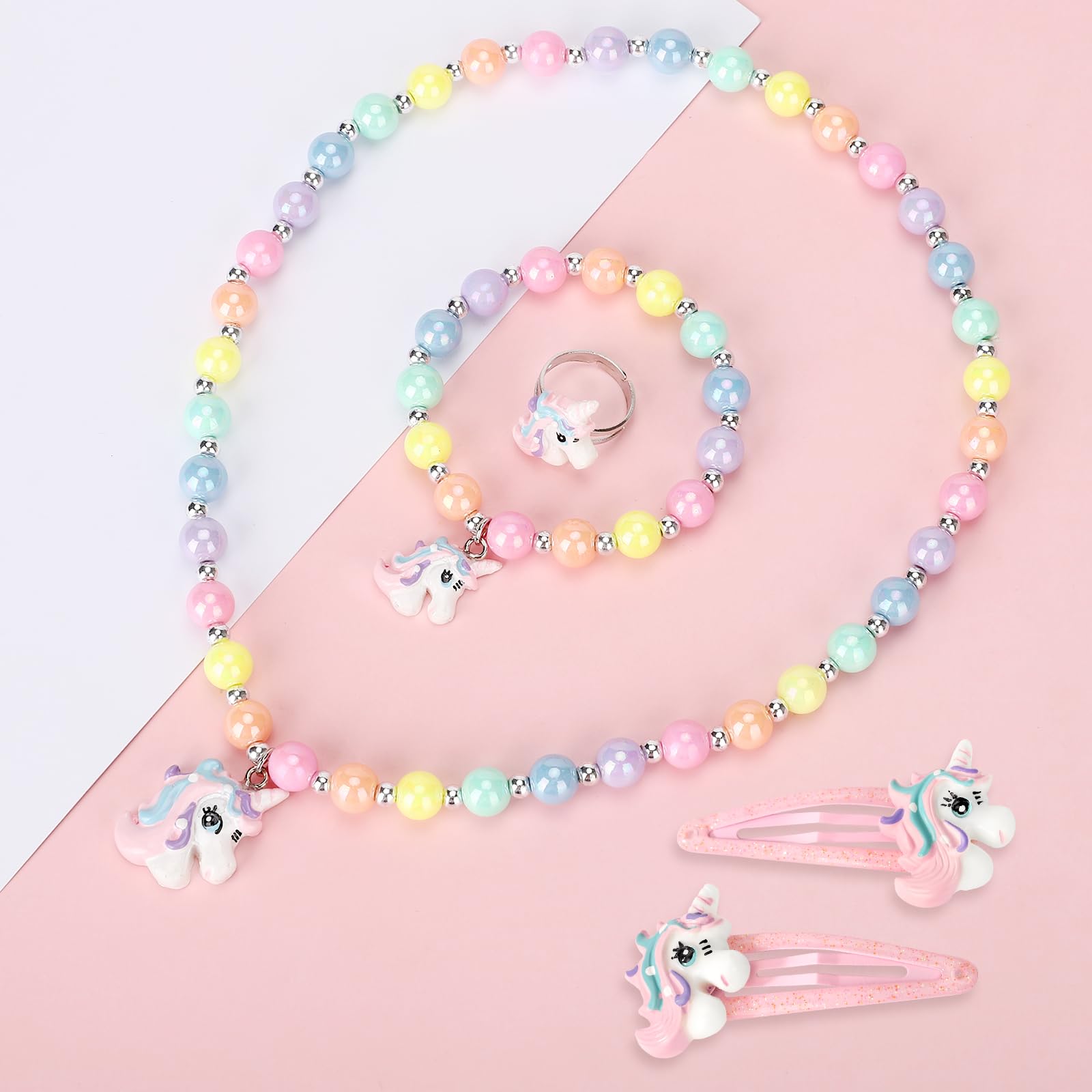 Unicorn Stretch Necklace & Bracelet Set with Hair Clips for Toddler Girls - Princess Jewelry Accessories Gift for Birthday Party Favors | Perfect for Dress-Up, Tea Parties & Special Occasions