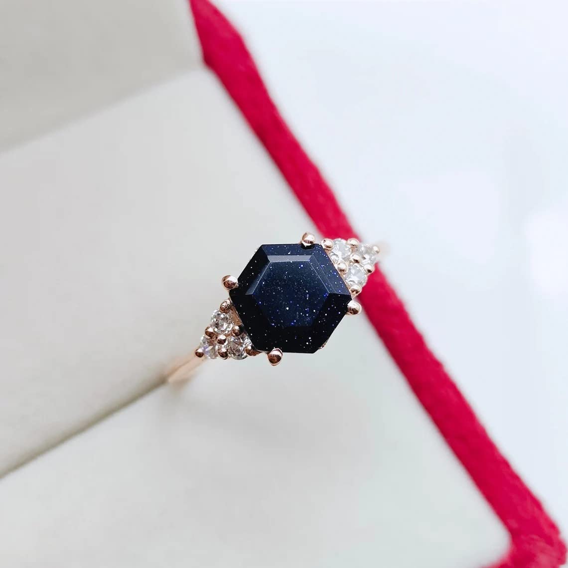 Hexagon Cut Sandstone Ring - 925 Sterling Silver Vintage Cluster Ring for Women, Unique Handmade Jewelry Gift (Blue, Rose Gold, White) | Perfect for Weddings, Anniversaries & Boho Fashion