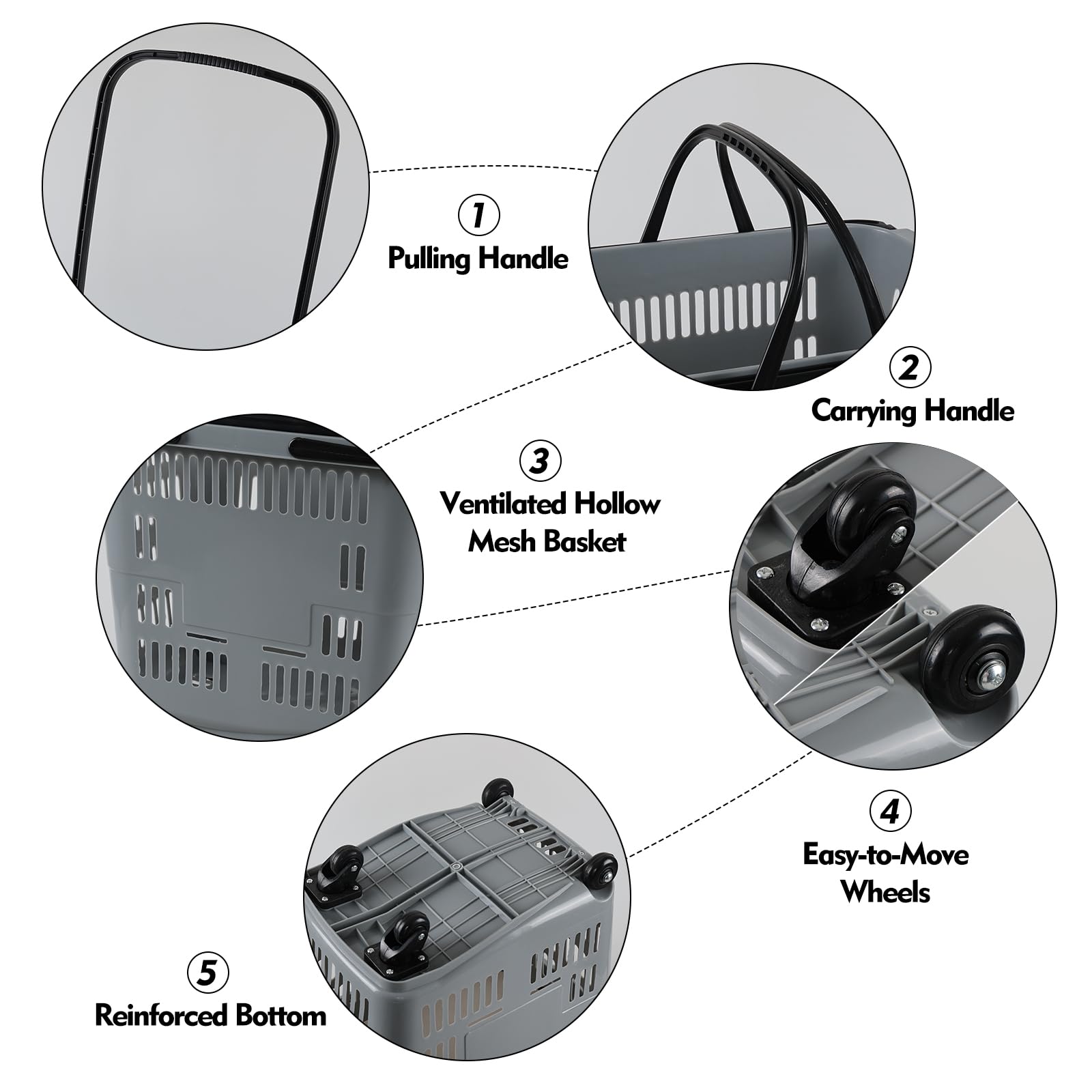 Jekiyo 50L Plastic Rolling Shopping Basket with Handle - 6 Pack Large Grocery Cart for Supermarket, Warehouse & Home Organization - Grey (Ideal for Shopping, Storage & Laundry)