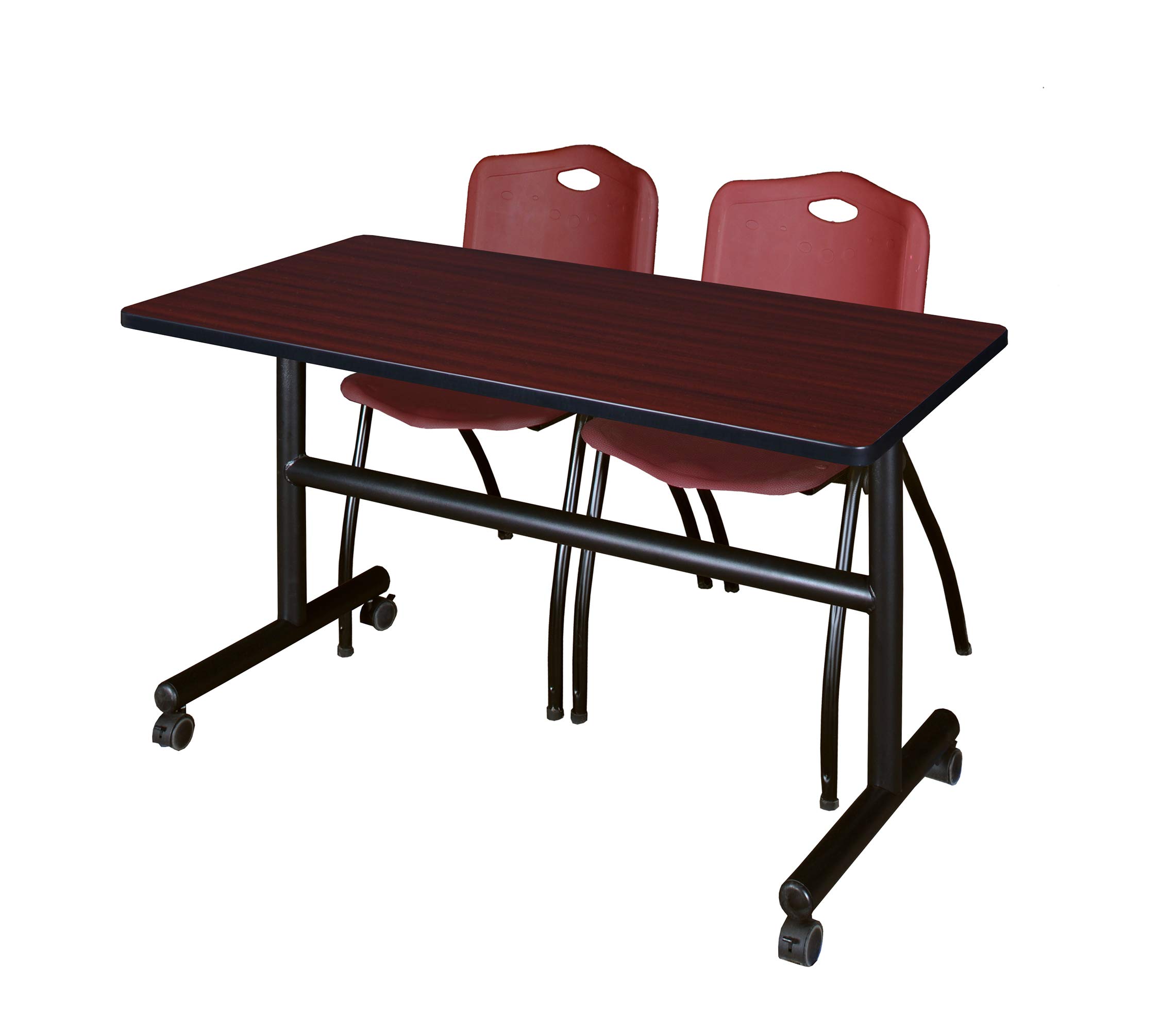Kobe 48-Inch Flip Top Mobile Training Table with Mahogany Finish & 2 'M' Stack Chairs in Burgundy - Foldable Conference Table Set for Office Meetings, Classrooms, and Training Sessions