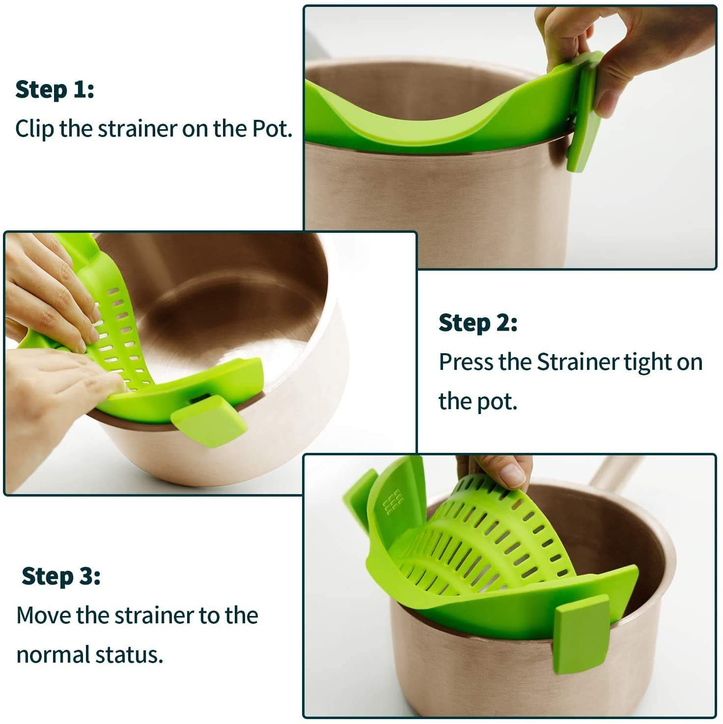 AUOON Clip-on Strainer for Pots & Pans - 2 Pack Heat-Resistant Silicone Colander - Easy to Use, Store & Dishwasher Safe (Black/Green) - Perfect for Draining Pasta, Vegetables & Washing Fruits
