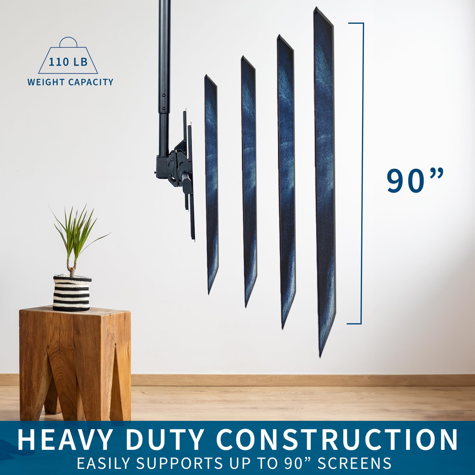 VIVO Black Ceiling Swivel TV Mount for 37-90 Inch Screens - Telescoping Height Adjustable with 5ft Extension Pole - Fits Pitched/Vaulted Ceilings - VESA 800x400 (MOUNT-VC90-5) - Perfect for Home Theaters, Living Rooms, and Commercial Spaces