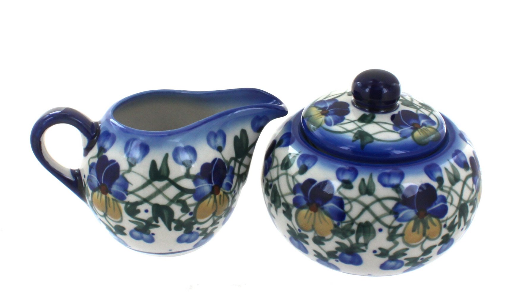 Blue Rose Polish Pottery Pansies Sugar Bowl and Creamer Set - Handmade Ceramic Tea Coffee Accessories for Afternoon Tea, Bridal Shower, and Home Decor