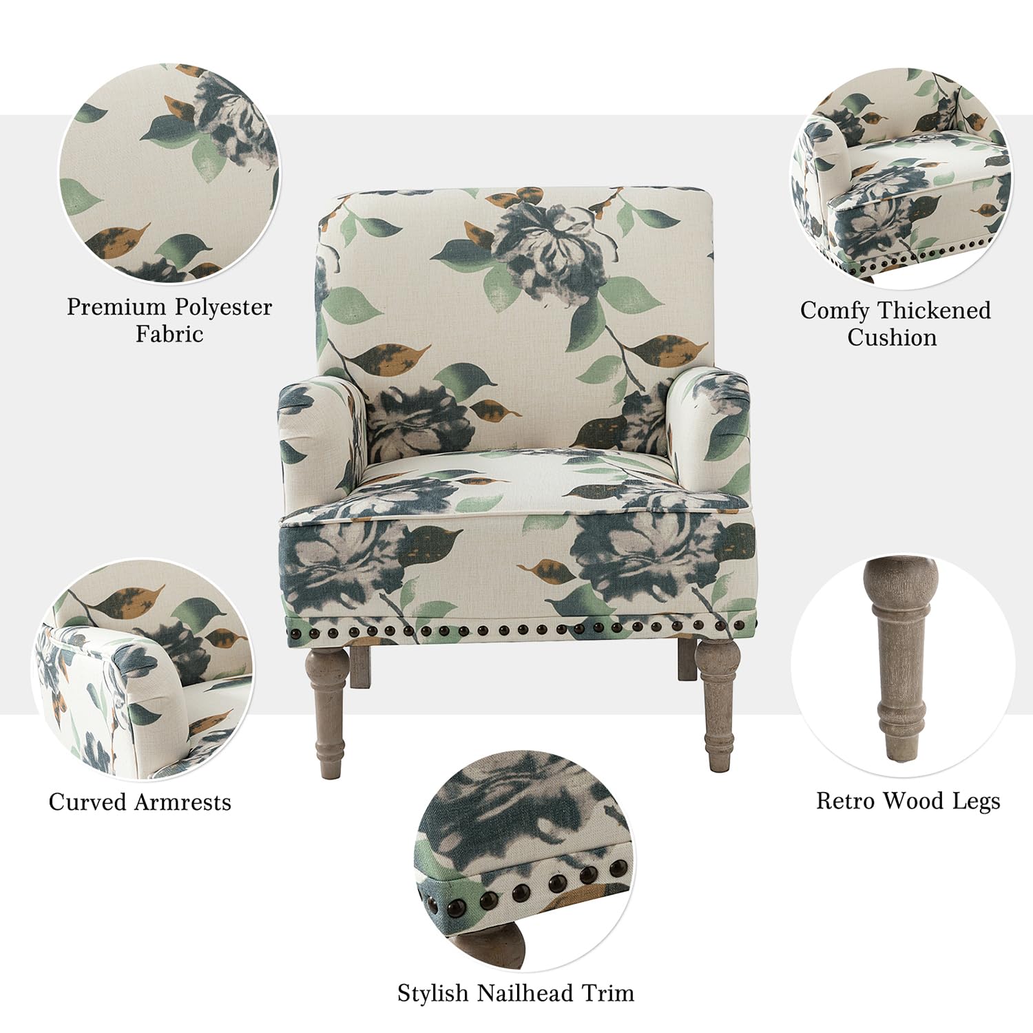 HULALA HOME Modern Armchairs Set of 2 - Wooden Legs & Nailhead Trim Upholstered Accent Chairs, Floral Pattern Living Room Bedroom Furniture for Home Decor (Harbor) - Perfect for Reading Nook, Lounge Area or Guest Seating