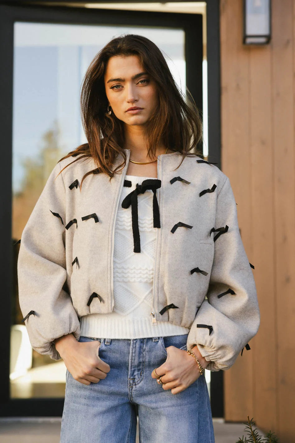 Leona Mini Bows Bomber Jacket for Women - Stylish Quilted Lightweight Coat with Bow Details | Perfect for Casual Outfits, Date Nights & Fall Fashion