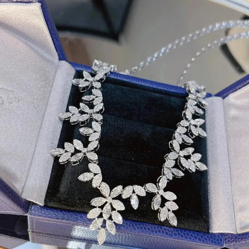 18K White Gold 4ct H Real Diamond Olive Leaf Necklace for Women - Elegant Luxury Jewelry Gift for Banquet, Party & Special Occasions