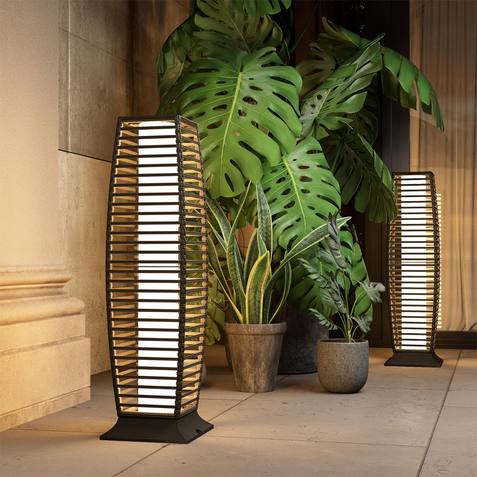 Grand Patio 2-Piece Solar Powered Outdoor Floor Lamp - Waterproof Wicker Boho Lanterns for Garden, Porch & Deck Lighting - Large Crossover Design for Backyard, Patio & Poolside Decor