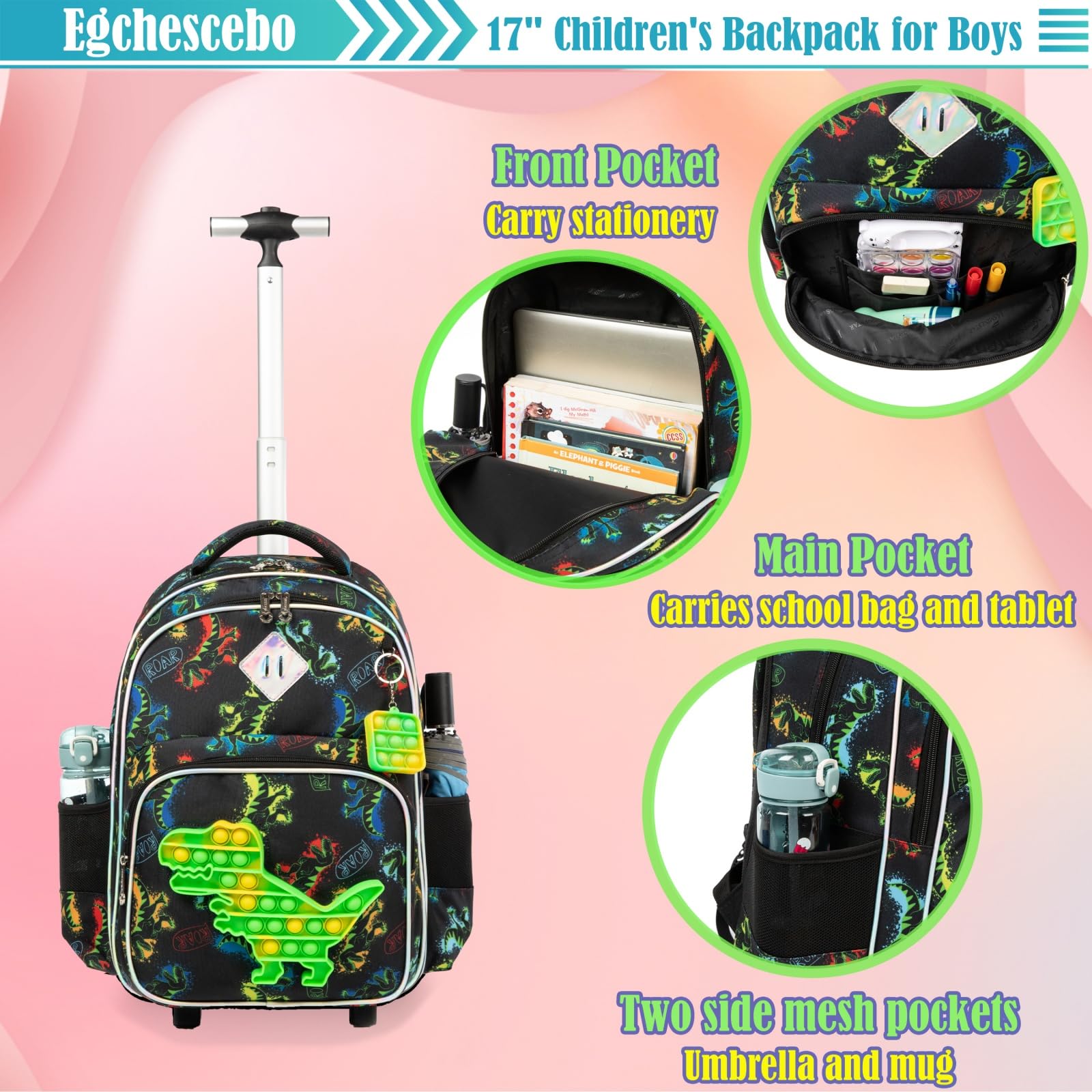Egchescebo Rolling Backpack for Girls - Lightweight Wheeled School Backpack with Telescopic Handle, Durable Kids Travel Luggage for School, College, Travel & Daily Use
