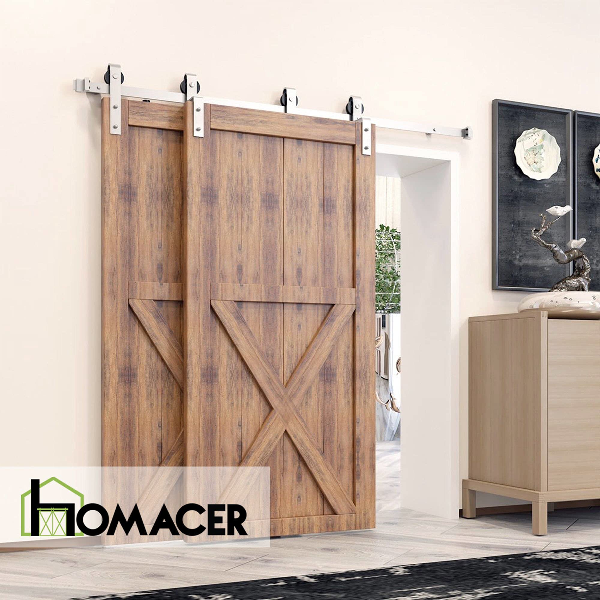 Homacer Brushed Nickel Single Track Bypass Sliding Barn Door Hardware Kit for Double Doors - 7.5ft Flat Track with Classic Roller Design - Perfect for Farmhouse, Rustic, and Modern Interior Styles