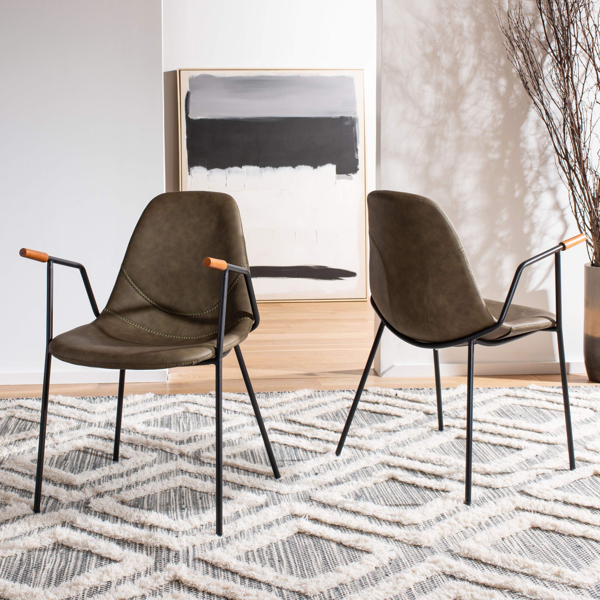 Safavieh Home Tanner Mid-Century Olive Faux Leather and Black Dining Chairs, Set of 2 - Modern Kitchen & Dining Room Furniture for Home & Office Use