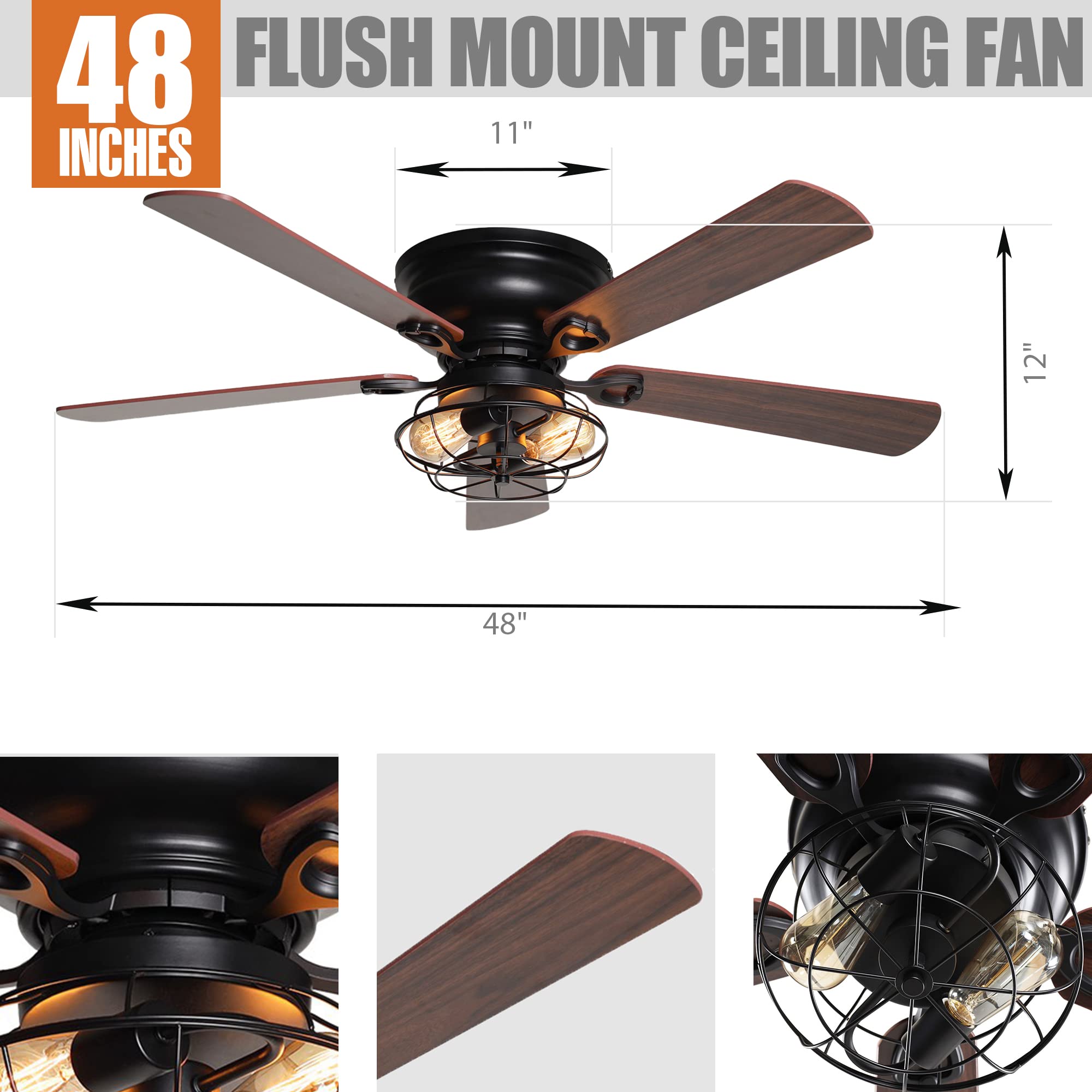 48 Inch Black Farmhouse Flush Mount Ceiling Fan with Lights & Remote - Low Profile Reversible 5-Blade Design, Timer Function - Perfect for Bedroom, Living Room, Kitchen & Indoor Spaces