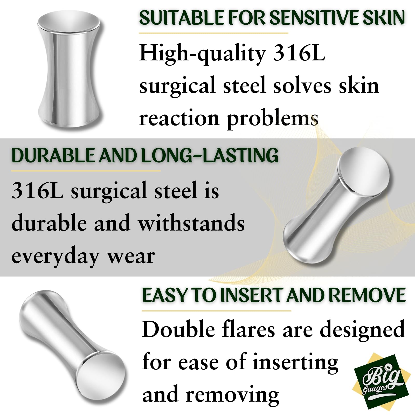 316L Surgical Steel Double Flared Ear Plugs - Polished Solid Flesh Tunnel Earrings for Ear Stretching - Perfect for Body Piercing Jewelry & Lobe Stretching Gauge Kit